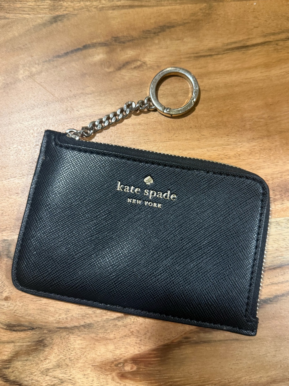 kate spade Black Leather Zip Card Case with Chain Key Ring